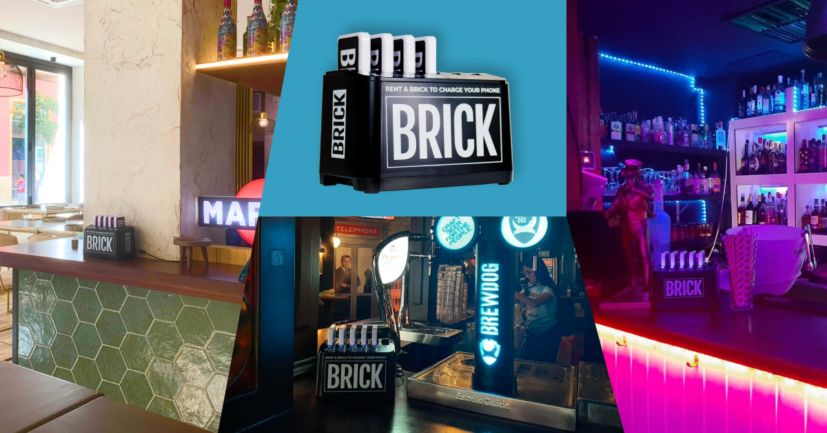 Brick's Small power bank sharing station with examples of placements in venues