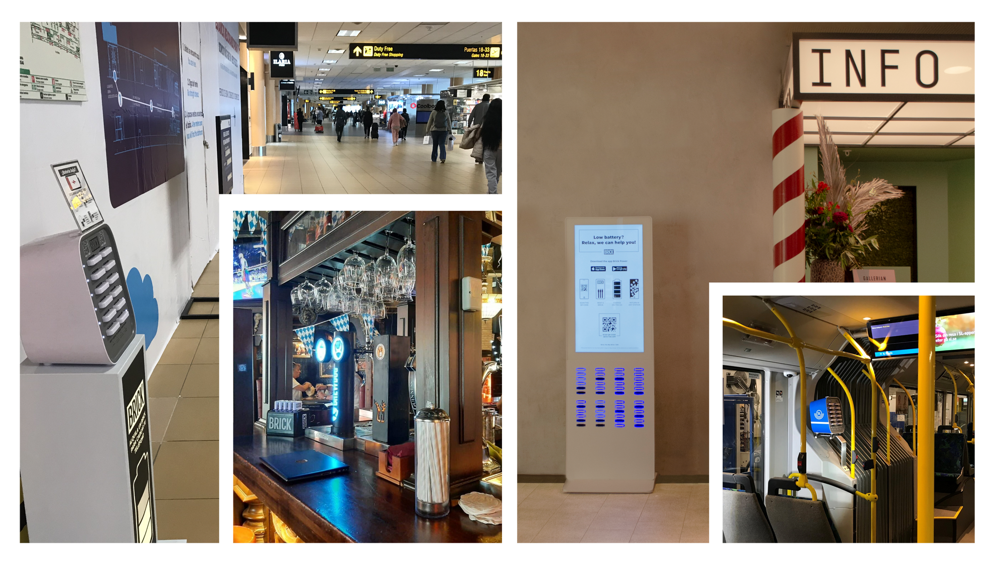 Picture of Brick powerbank stations in an airport, on a bar, next to the information desk of a shopping mall and in a bus